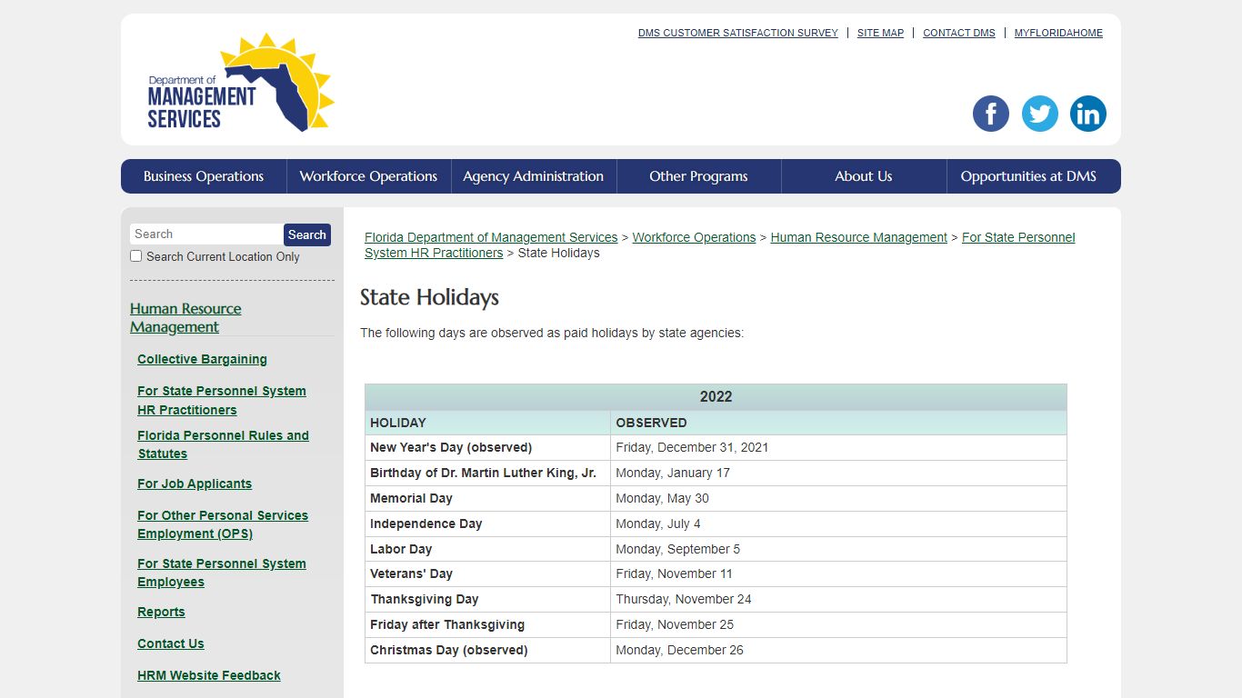 State Holidays / For State Personnel System HR Practitioners ... - Florida